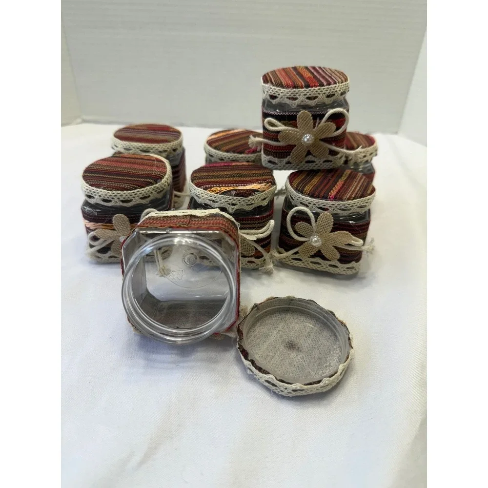 Set of 10 Decorative plastic Jars with Fabric Lids and Embellishments‎